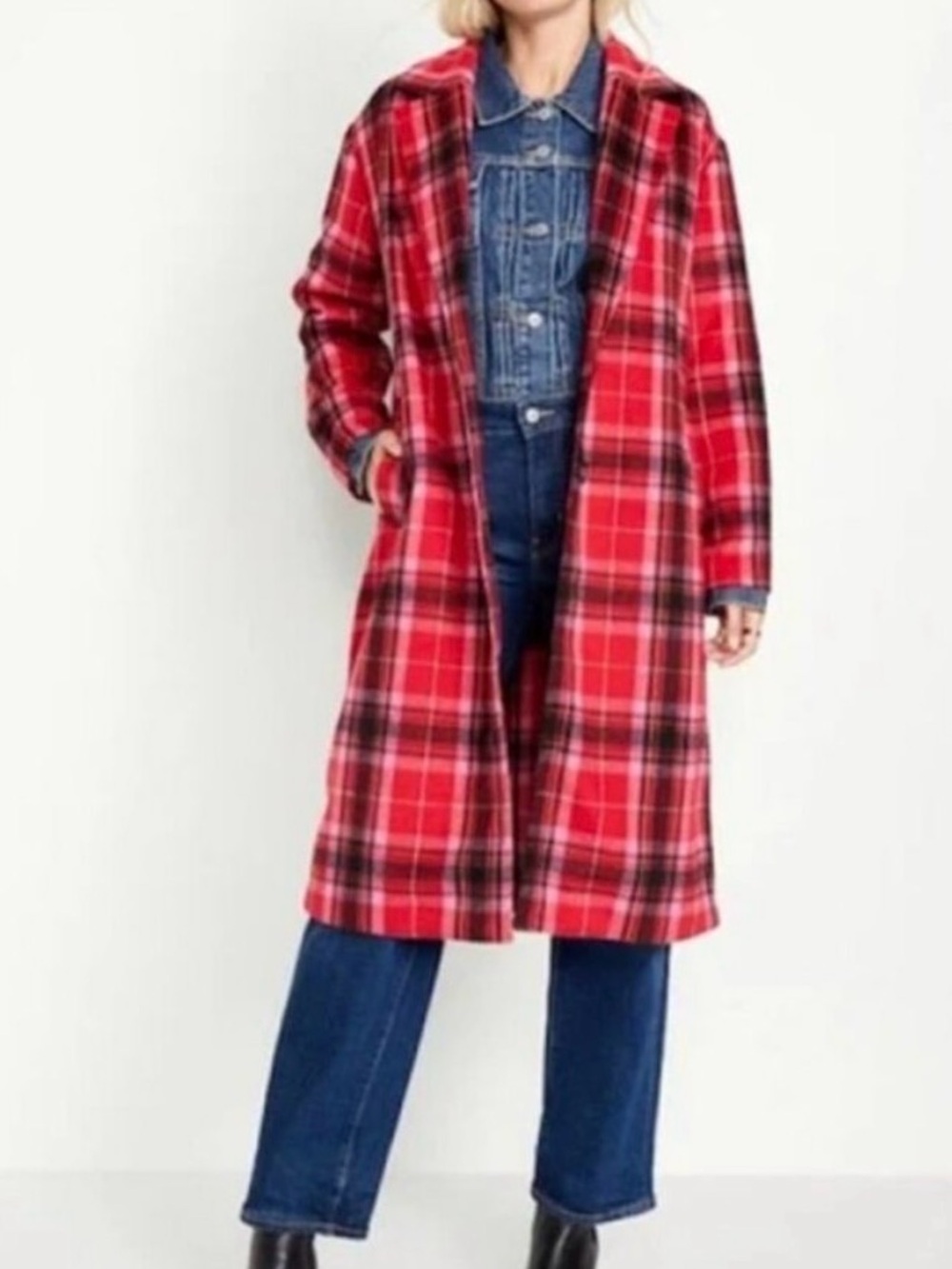 Old Navy Red And Black Windowpane Plaid Long Brushed Flannel Coat Size M EUC